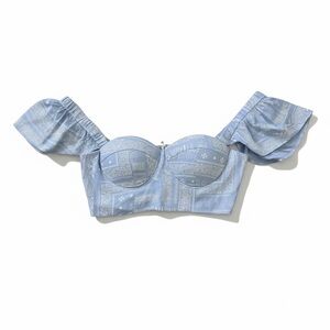 Ruffle Sleeve Paisley Blue and White Structured Crop Top Blythe NWT